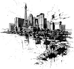 Obraz premium Las Vegas Skyline in Black and White, Monochrome City Skyline Illustration
