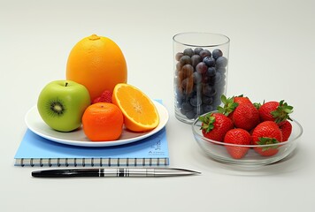 Healthy eating concept with fruits and office supplies on white background.
