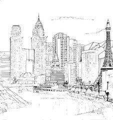 Las Vegas Skyline in Black and White, Monochrome City Skyline Illustration