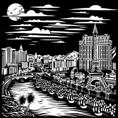 Las Vegas Monochrome Illustration, Black and White Line Drawing of Las Vegas City