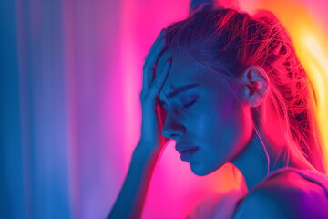 sick woman with a painful headache, migraine, neon background