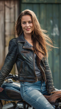 an attractive 25 year old European stunning woman on a vintage motorcycle, long hair with style,naturally smiling face,full body shot,profile,wearing a fitted jeans an a leather jacket