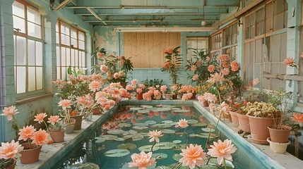 Foto op Canvas   A room features a pool encircled by potted water lilies Ceiling is crafted from wood, windows are present © Nadia