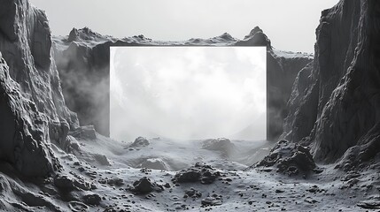 A surreal lunar landscape, with craters and jagged rock formations, framing a white blank mockup...