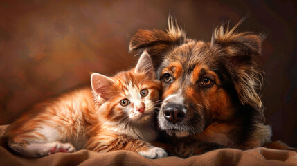 An image of a friendly dog and a kitten lying together and looking away on a dark background.
