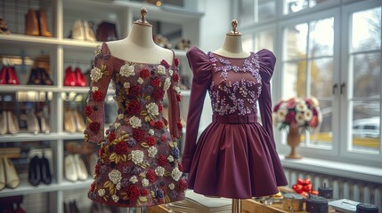 Obraz premium Dresses from the latest collection on mannequins in a modern atelier. A touch of romance. This dress is perfect for a fairy-tale evening.