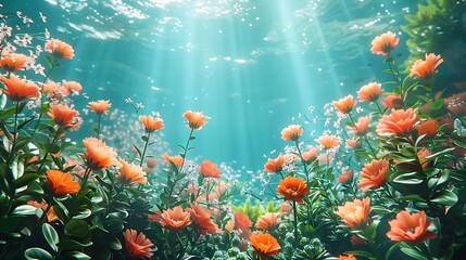 Fototapeta na wymiar A symphony of coral blooms and verdant foliage, set against a backdrop of oceanic turquoise, invites dreams of seaside serenity