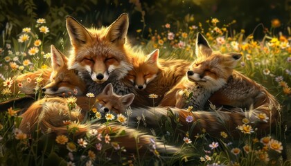 Fototapeta premium A family of foxes sprawls out in a field of wildflowers, their fluffy tails swaying gently in the warm summer breeze