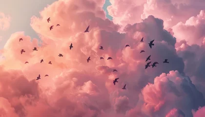 Fotobehang A flock of birds soars effortlessly on thermals, their wings outstretched in a silent ballet against the cottoncandy clouds © JK_kyoto