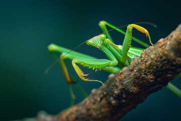 A macro shot of a green praying mantis perched on a branch. - obrazy, fototapety, plakaty