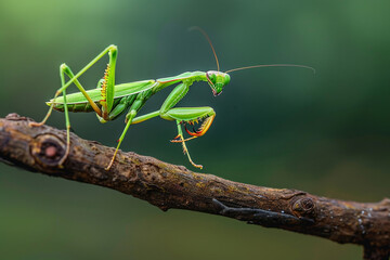 A macro shot of a green praying mantis perched on a branch.