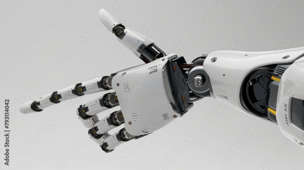 Poster High-resolution image capturing the intricate details of a modern robotic hand with visible joints and wiring