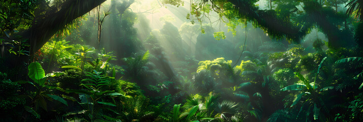 A lush, tropical rainforest with sunlight filtering through the dense canopy.