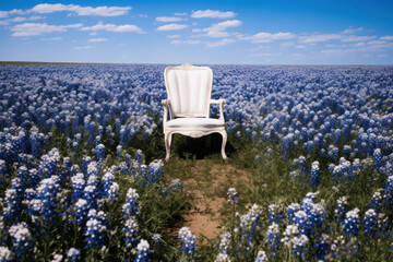 White Chair Among Blue Flowers - 793114285
