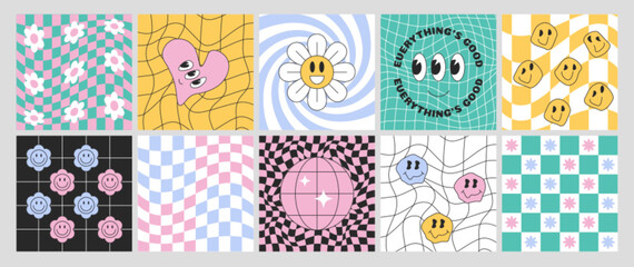 Checkerboard set with distorted grid tile. Geometric square backgrounds in psychedelic y2k style. Checkered seamless pattern, retro chessboard with hippie flowers, groovy daisy, heart and smile faces.