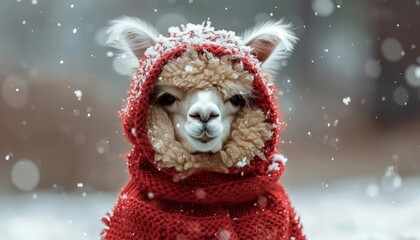 Obraz premium A tiny alpaca, swaddled in a fuzzy red sweater with ear holes, puffs out its fluffy chest with a proud snort, a toasty beacon in a snowy field
