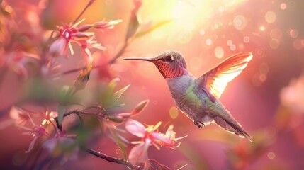 Obraz premium A tiny hummingbird hovers midair, meticulously preening its iridescent feathers with its slender beak, a whirlwind of color in a sunbeam