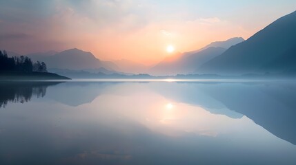 Fototapeta na wymiar Breathtaking Sunrise Reflection Over Serene Lake Surrounded by Majestic Mountains