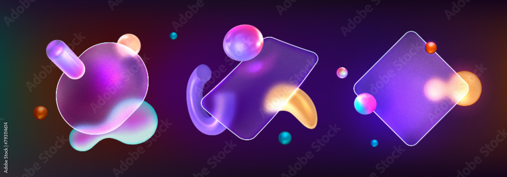 Poster transparent frosted frames with 3d neon abstract geometric shapes in glass morphism style. glassmorp
