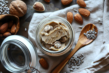Glass jar with tasty peanut butter and nuts on table, closeup