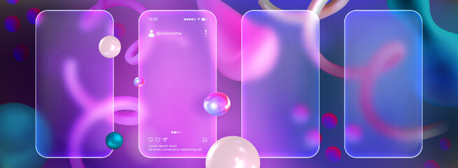 Matte phone screen mockup in glassmorphism style. Realistic set of transparent glass morphism blurred mobile frames or smartphone frosted plates with abstract 3d floating shapes on purple background.