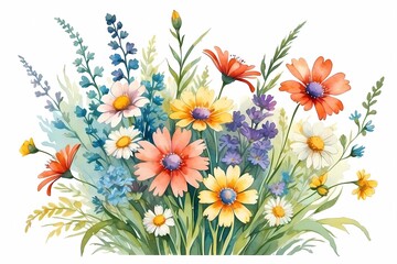 bouquet of meadow flowers watercolor retro post card