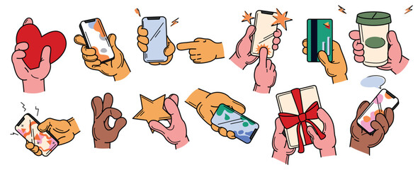 Vector doodle set of colored human hand with phone, cup, heart, star, credit card and gift box isolated on white background. Person holding smartphones and various stuff. People hands show gestures.