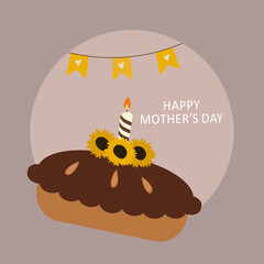Flat Design Happy Mother's Day Illustration with Pie at Sunflowers, Candle