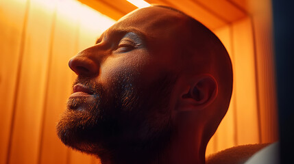 Bearded man relaxing on wooden bench in infrared sauna. Invigorating Sauna Experience - 793115667