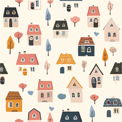 Fototapeta premium Cottages vector seamless pattern with soft color palette