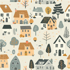 Cottages vector seamless pattern with soft color palette
