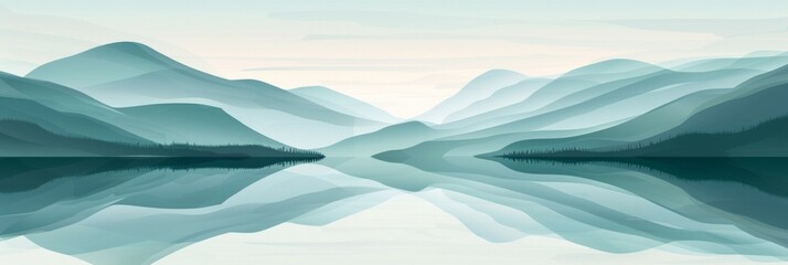 Minimalist of a Modern Landscape with Mountains and Lake Reflection