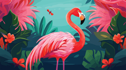 Tropical flamingo bird. African style portrait wall