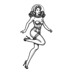 Sexy pin-up woman bubble astronaut space helmet with flowing hair classic beauty sketch engraving generative ai fictional character vector illustration. Scratch board imitation. Black and white image. - obrazy, fototapety, plakaty