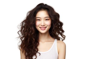 Portrait shot of Asian beautiful young woman with curly hair and happy joyful attractive smile, isolated on transparent png background.