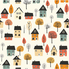 Cottages vector seamless pattern with soft color palette