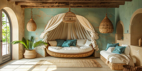 Tropical chic interior with cozy daybed