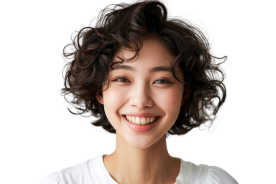 Portrait shot of Asian beautiful young woman with curly hair and happy joyful attractive smile, isolated on transparent png background.