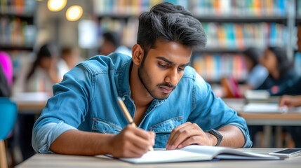 Focused Indian student studying hard in library setting.
