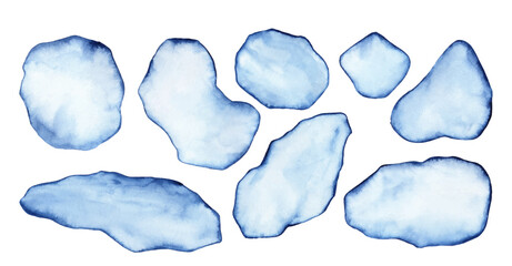 Blue watercolor background. Watercolor stains, blots, clouds, washes, sea, marble, drops. 
