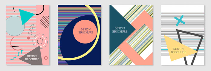 Set of cover design in Memphis style. Geometric design, abstract background. Fashionable bright cover, banner, poster, booklet. Creative colors.