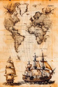 Vintage sailboat on the background of an old map, Terra Incognita inscription, hand drawing, detailed work of art, concept of romance and spirit of the Age of Discovery.