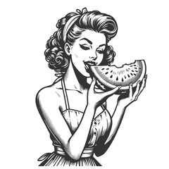 pin-up girl with slice of watermelon, embodying summer fun and nostalgia sketch engraving generative ai fictional character vector illustration. Scratch board imitation. Black and white image. - 793117834