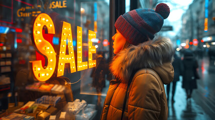 Woman looking at glowing SALE sign in shop window of seasonal discounts. Winter Sale Shopping Excitement - 793117852