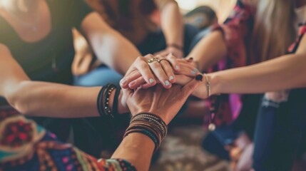 A supportive group circle in a wellness retreat, hands joined in unity, showcasing the strength found in shared experiences and the journey towards healing