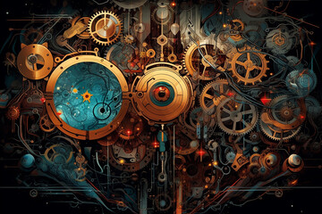 A detailed artwork of an elaborate steampunk machine with vibrant details - obrazy, fototapety, plakaty