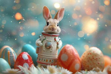 Dare to dream this Easter as our bunny astronaut embarks on a celestial voyage in an egg-themed rocket! - obrazy, fototapety, plakaty