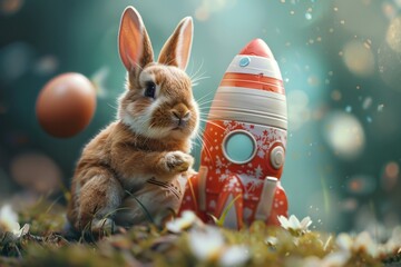 Easter thrills await as our bunny astronaut takes flight in an egg-cellent rocket bound for holiday cheer! - obrazy, fototapety, plakaty