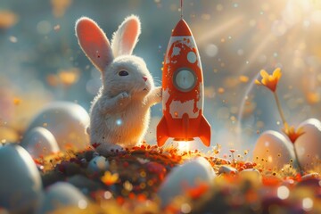 Easter thrills await as our bunny astronaut takes flight in an egg-cellent rocket bound for holiday cheer! - obrazy, fototapety, plakaty