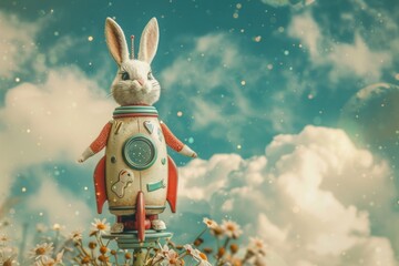 Hop aboard our egg-citing rocket ride with a bunny astronaut leading the way to Easter wonders beyond imagination! - obrazy, fototapety, plakaty